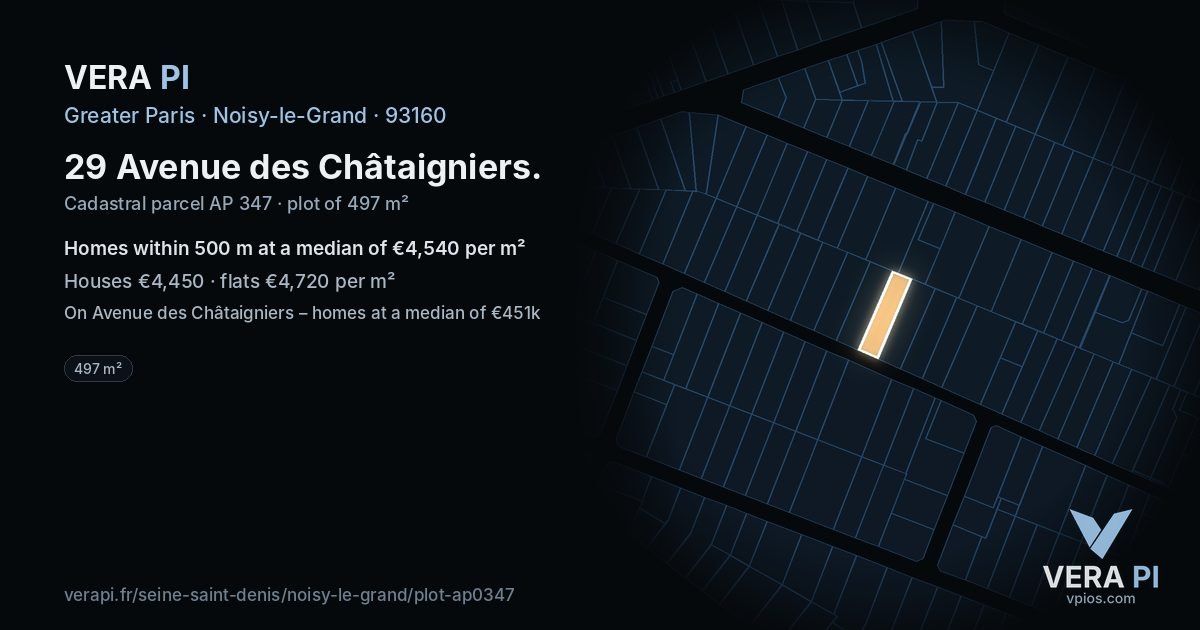 29 Avenue des Châtaigniers, Noisy-le-Grand at night – the plot lit, the parcels around coloured by the prices near them