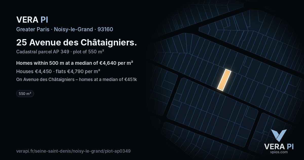 25 Avenue des Châtaigniers, Noisy-le-Grand at night – the plot lit, the parcels around coloured by the prices near them