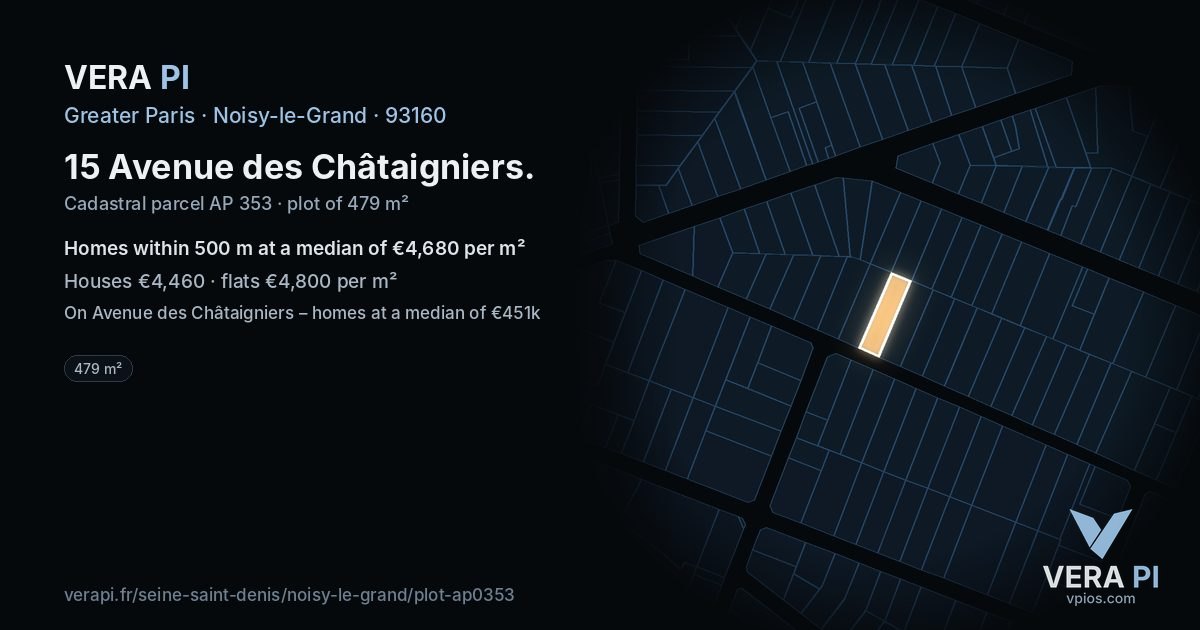 15 Avenue des Châtaigniers, Noisy-le-Grand at night – the plot lit, the parcels around coloured by the prices near them