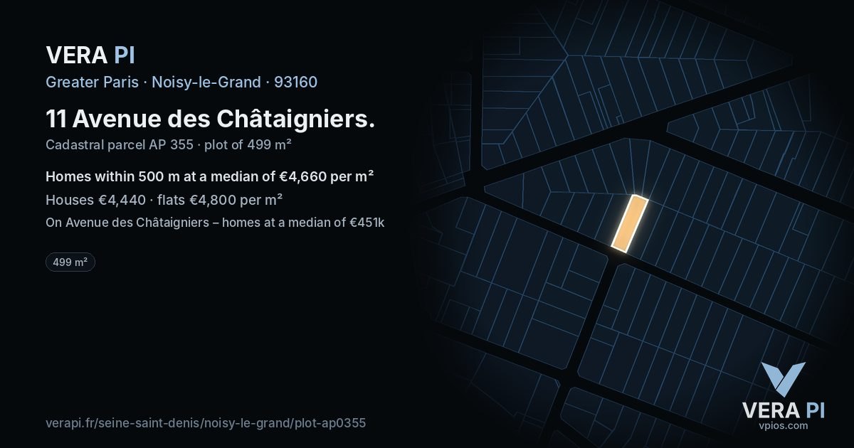 11 Avenue des Châtaigniers, Noisy-le-Grand at night – the plot lit, the parcels around coloured by the prices near them