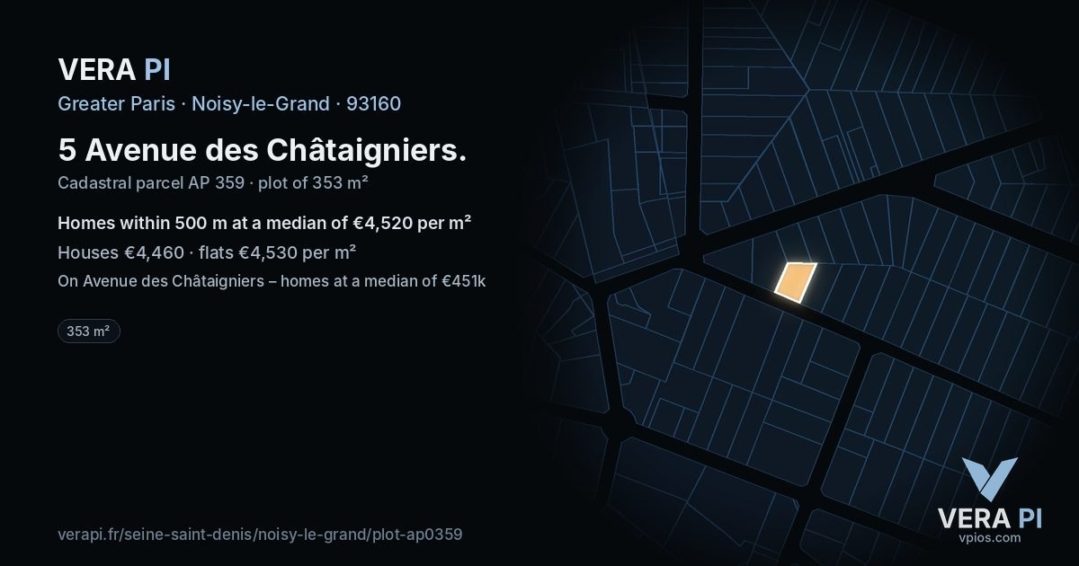5 Avenue des Châtaigniers, Noisy-le-Grand at night – the plot lit, the parcels around coloured by the prices near them