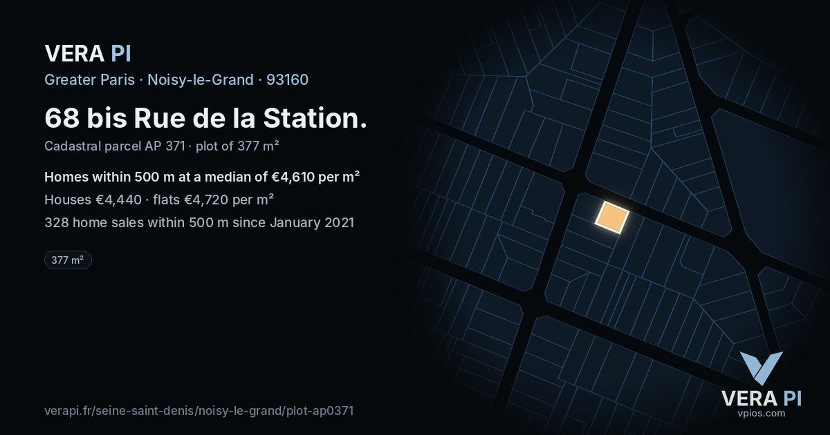68 bis Rue de la Station, Noisy-le-Grand at night – the plot lit, the parcels around coloured by the prices near them