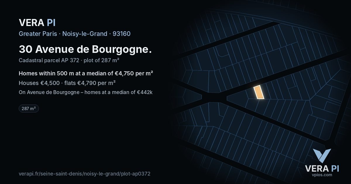 30 Avenue de Bourgogne, Noisy-le-Grand at night – the plot lit, the parcels around coloured by the prices near them