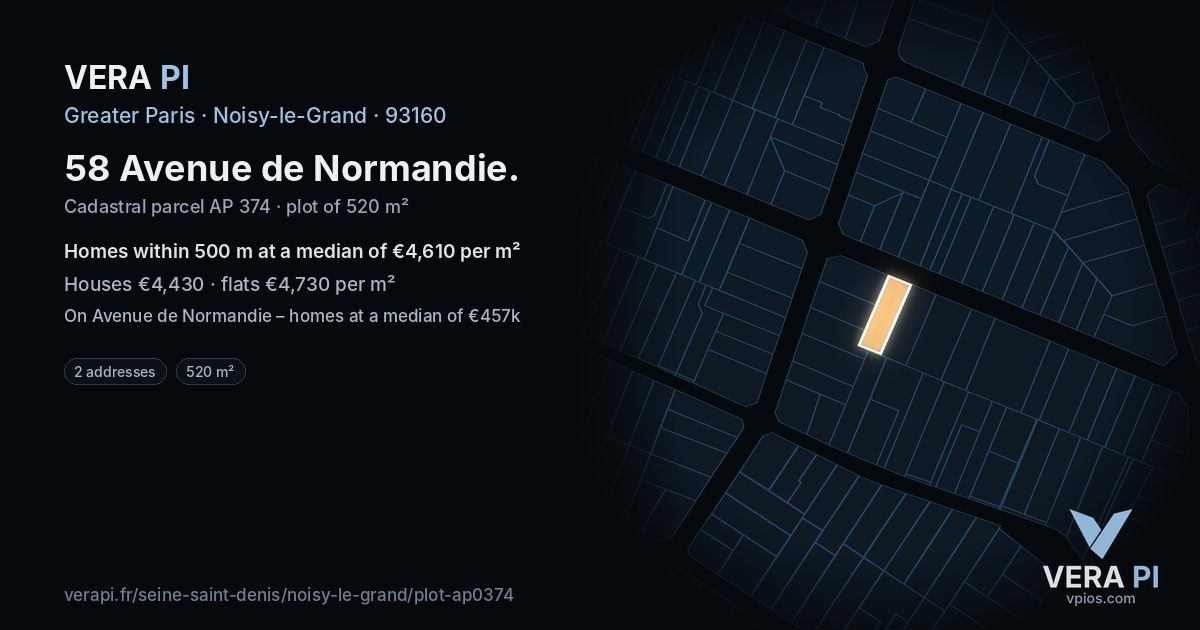 58 Avenue de Normandie, Noisy-le-Grand at night – the plot lit, the parcels around coloured by the prices near them