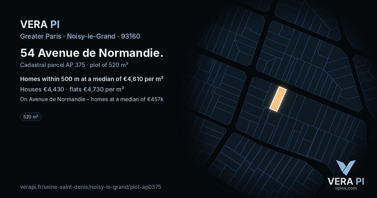 54 Avenue de Normandie, Noisy-le-Grand at night – the plot lit, the parcels around coloured by the prices near them