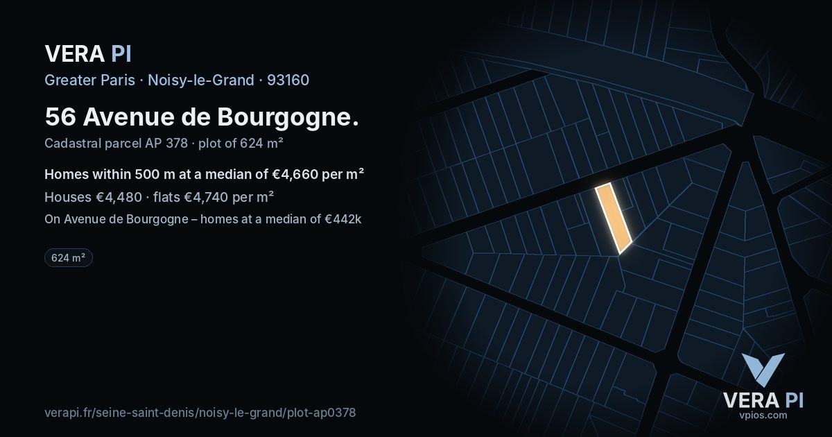 56 Avenue de Bourgogne, Noisy-le-Grand at night – the plot lit, the parcels around coloured by the prices near them