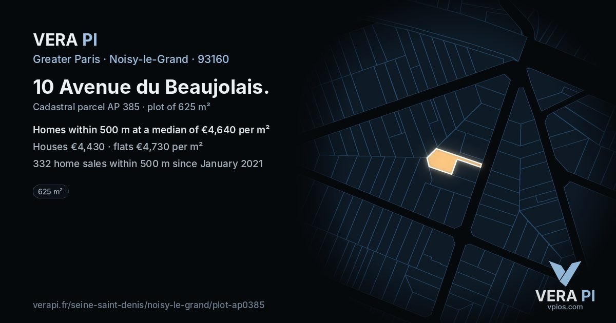 10 Avenue du Beaujolais, Noisy-le-Grand at night – the plot lit, the parcels around coloured by the prices near them