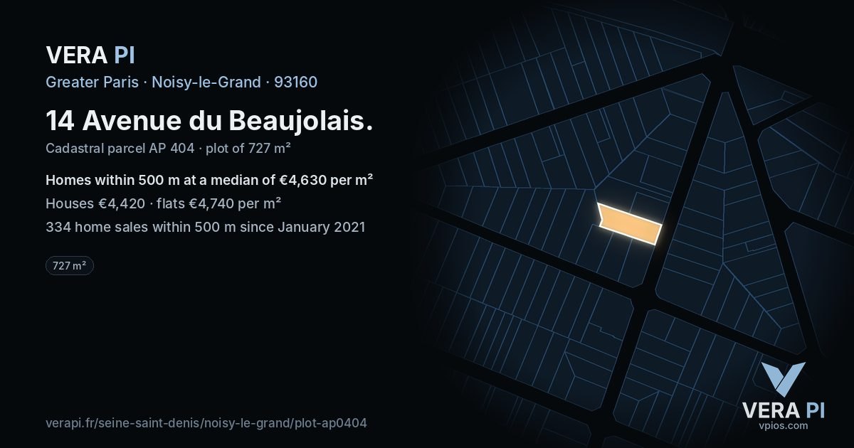 14 Avenue du Beaujolais, Noisy-le-Grand at night – the plot lit, the parcels around coloured by the prices near them
