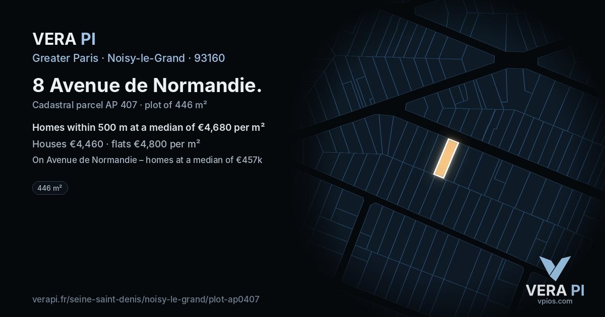 8 Avenue de Normandie, Noisy-le-Grand at night – the plot lit, the parcels around coloured by the prices near them