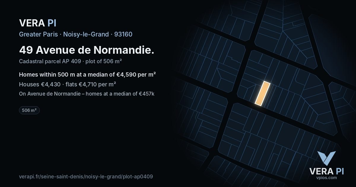 49 Avenue de Normandie, Noisy-le-Grand at night – the plot lit, the parcels around coloured by the prices near them