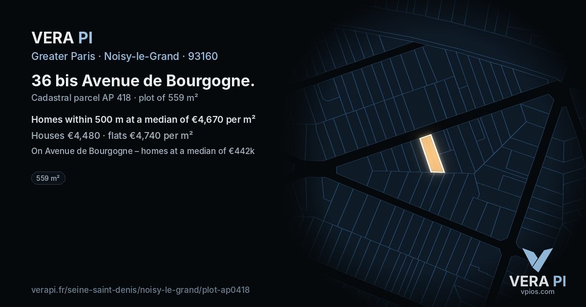 36 bis Avenue de Bourgogne, Noisy-le-Grand at night – the plot lit, the parcels around coloured by the prices near them