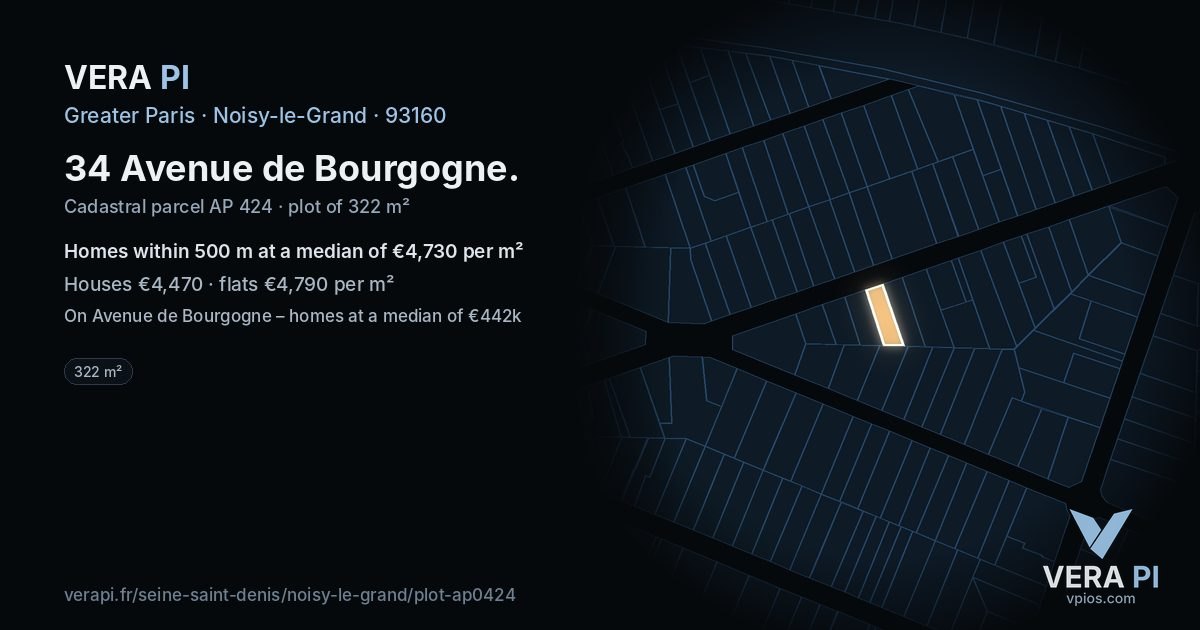 34 Avenue de Bourgogne, Noisy-le-Grand at night – the plot lit, the parcels around coloured by the prices near them
