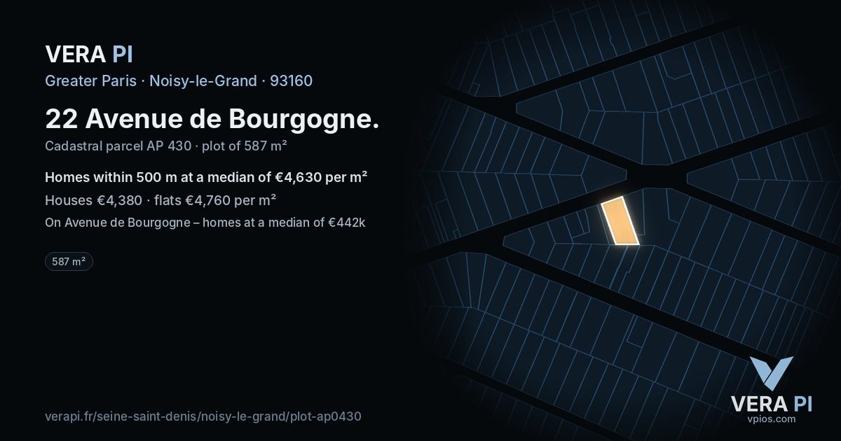 22 Avenue de Bourgogne, Noisy-le-Grand at night – the plot lit, the parcels around coloured by the prices near them