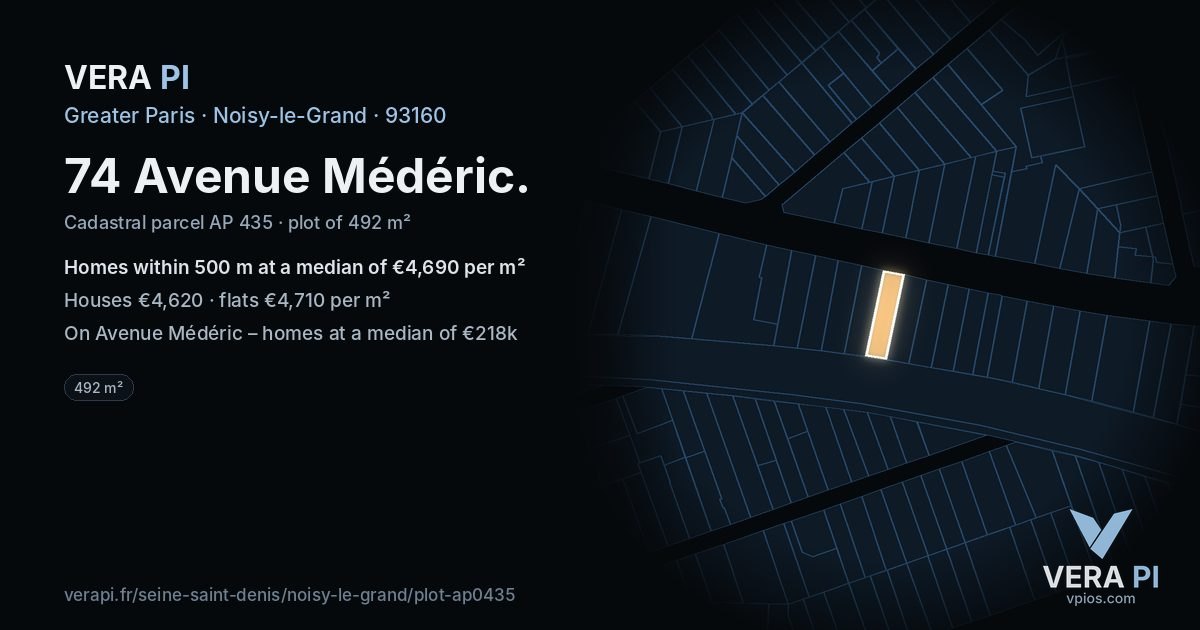 74 Avenue Médéric, Noisy-le-Grand at night – the plot lit, the parcels around coloured by the prices near them