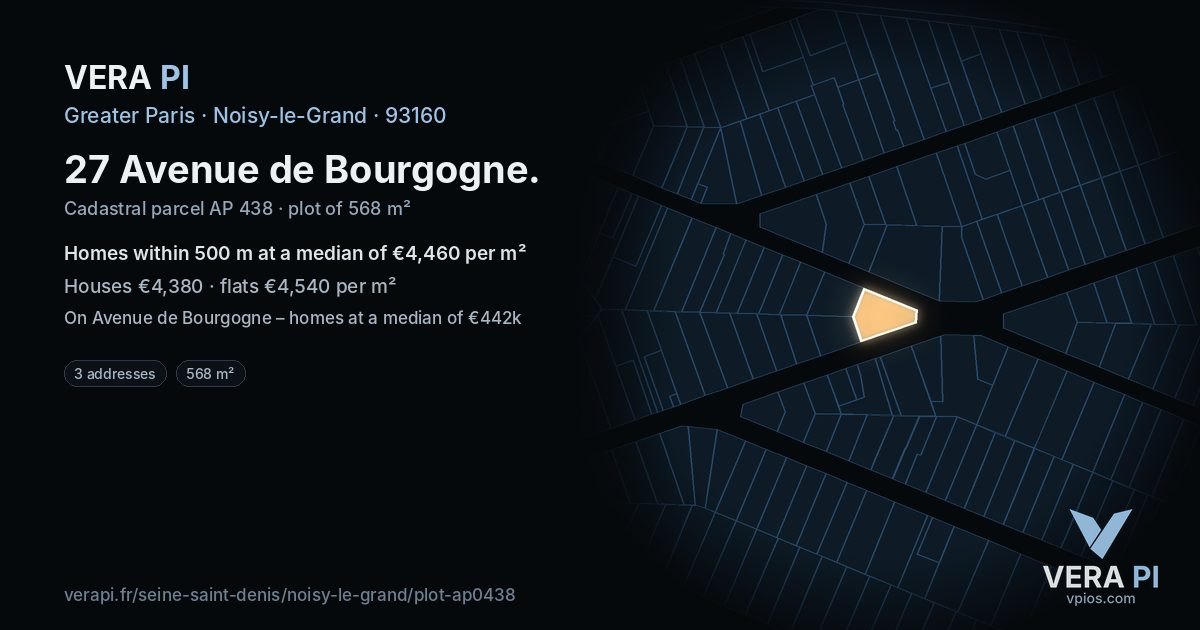 27 Avenue de Bourgogne, Noisy-le-Grand at night – the plot lit, the parcels around coloured by the prices near them