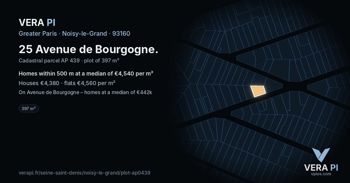 25 Avenue de Bourgogne, Noisy-le-Grand at night – the plot lit, the parcels around coloured by the prices near them