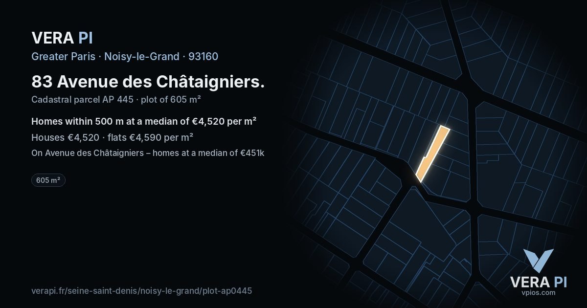83 Avenue des Châtaigniers, Noisy-le-Grand at night – the plot lit, the parcels around coloured by the prices near them