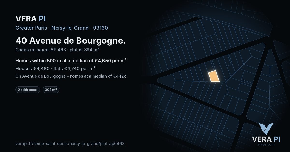 40 Avenue de Bourgogne, Noisy-le-Grand at night – the plot lit, the parcels around coloured by the prices near them