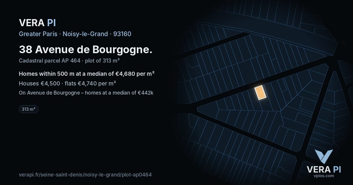 38 Avenue de Bourgogne, Noisy-le-Grand at night – the plot lit, the parcels around coloured by the prices near them