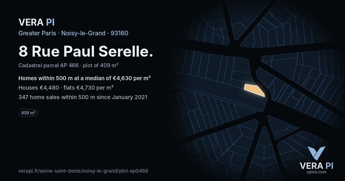 8 Rue Paul Serelle, Noisy-le-Grand at night – the plot lit, the parcels around coloured by the prices near them