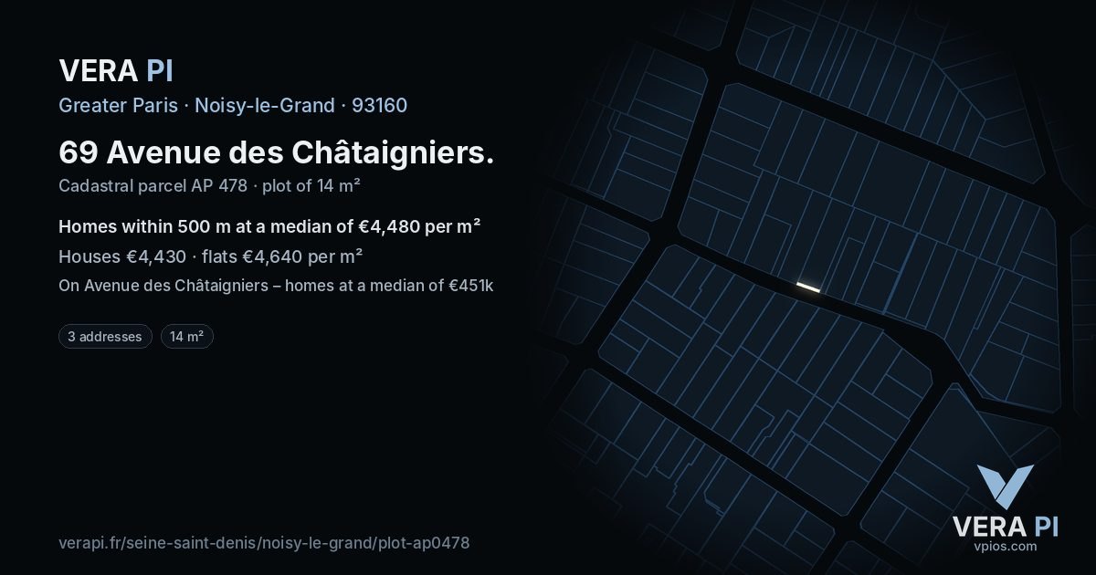 69 Avenue des Châtaigniers, Noisy-le-Grand at night – the plot lit, the parcels around coloured by the prices near them