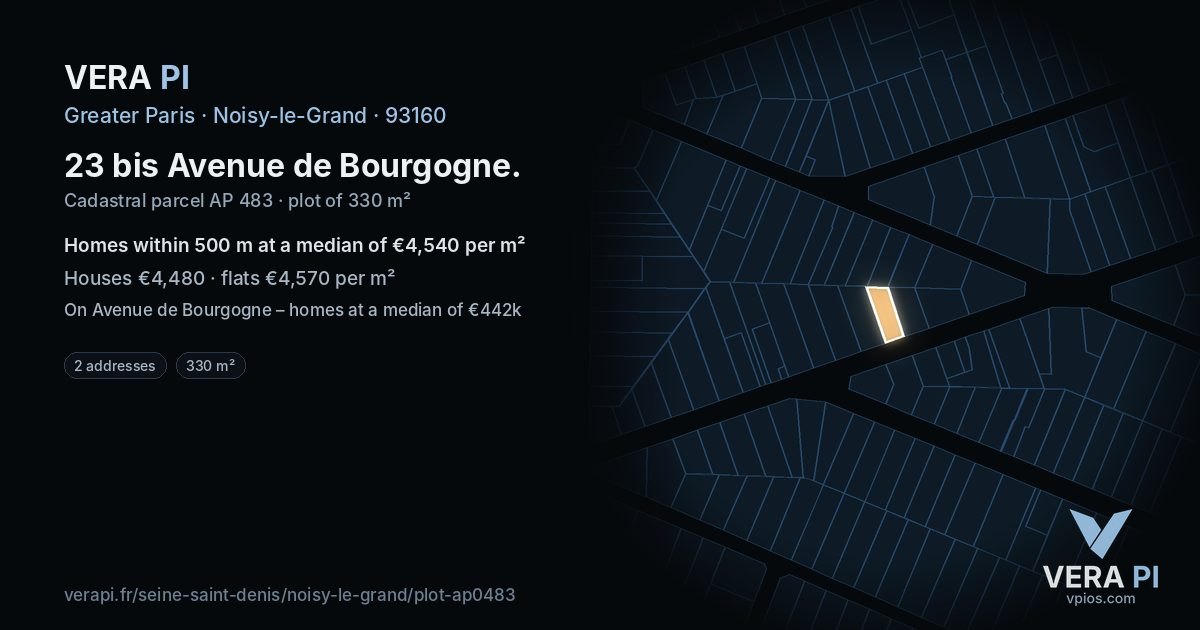 23 bis Avenue de Bourgogne, Noisy-le-Grand at night – the plot lit, the parcels around coloured by the prices near them