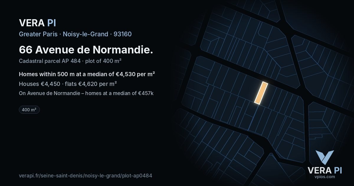 66 Avenue de Normandie, Noisy-le-Grand at night – the plot lit, the parcels around coloured by the prices near them
