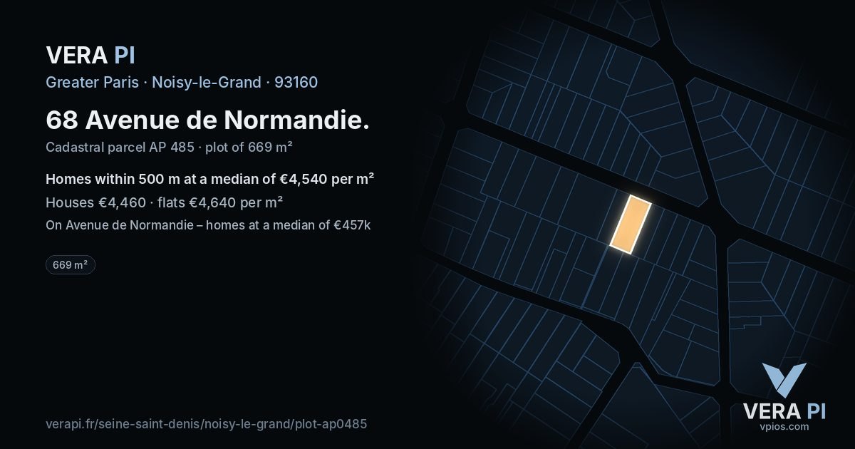 68 Avenue de Normandie, Noisy-le-Grand at night – the plot lit, the parcels around coloured by the prices near them