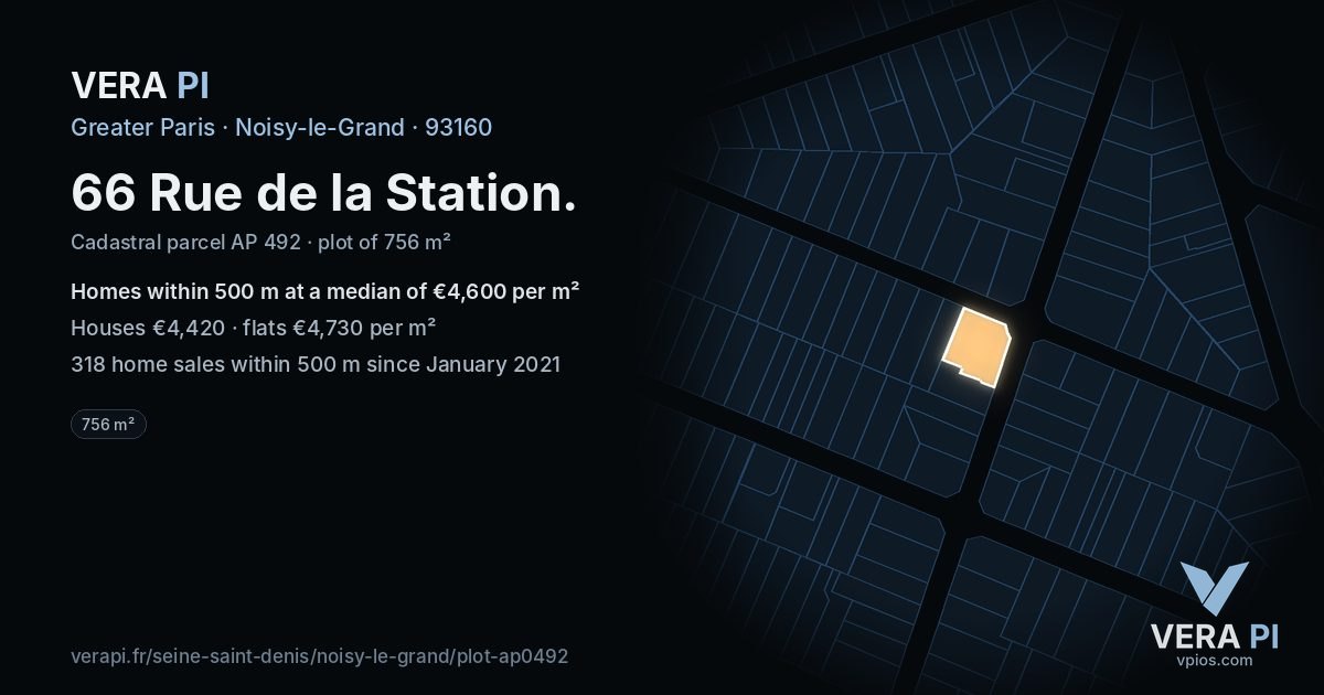 66 Rue de la Station, Noisy-le-Grand at night – the plot lit, the parcels around coloured by the prices near them