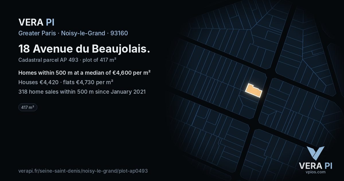 18 Avenue du Beaujolais, Noisy-le-Grand at night – the plot lit, the parcels around coloured by the prices near them