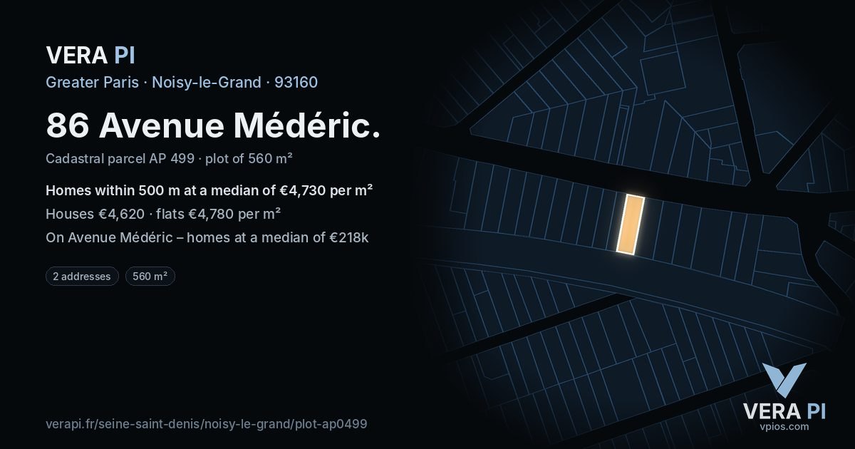 86 Avenue Médéric, Noisy-le-Grand at night – the plot lit, the parcels around coloured by the prices near them