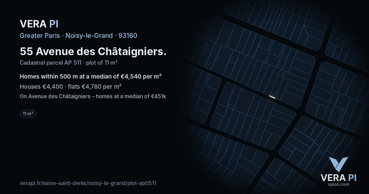 55 Avenue des Châtaigniers, Noisy-le-Grand at night – the plot lit, the parcels around coloured by the prices near them