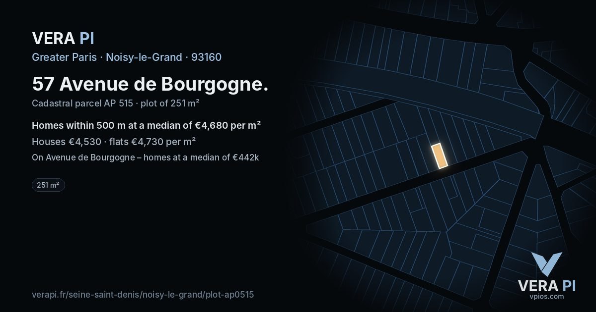 57 Avenue de Bourgogne, Noisy-le-Grand at night – the plot lit, the parcels around coloured by the prices near them