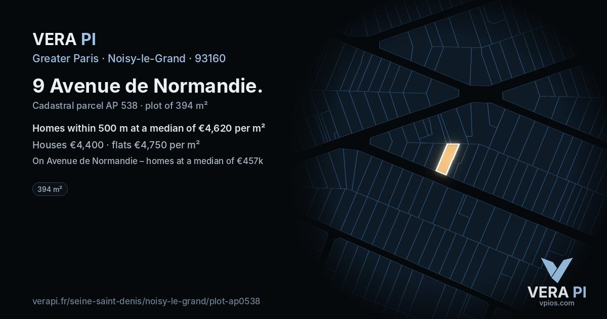 9 Avenue de Normandie, Noisy-le-Grand at night – the plot lit, the parcels around coloured by the prices near them