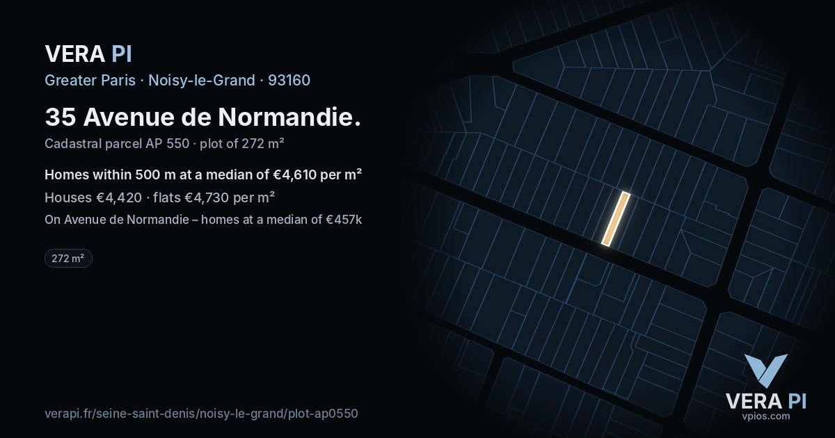35 Avenue de Normandie, Noisy-le-Grand at night – the plot lit, the parcels around coloured by the prices near them