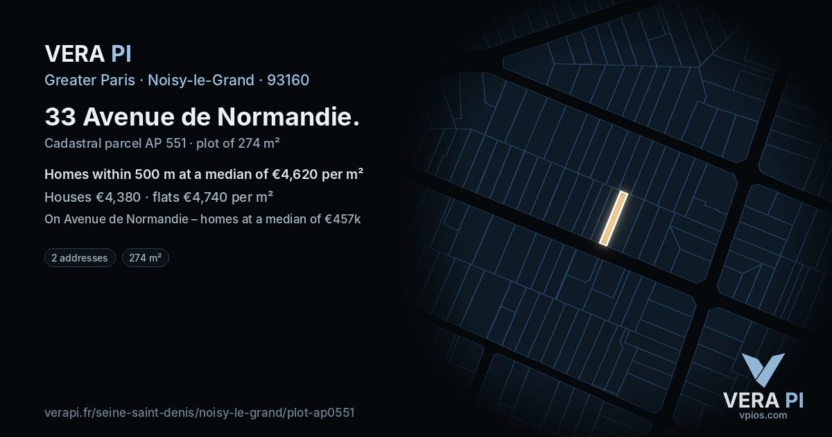 33 Avenue de Normandie, Noisy-le-Grand at night – the plot lit, the parcels around coloured by the prices near them