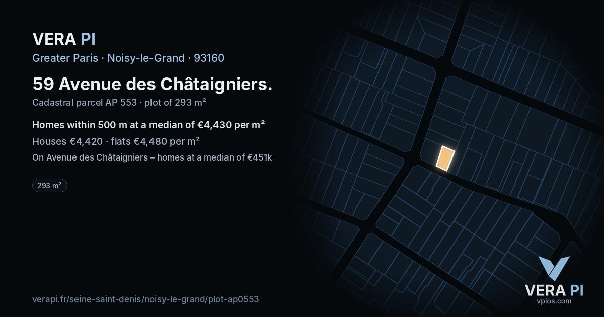 59 Avenue des Châtaigniers, Noisy-le-Grand at night – the plot lit, the parcels around coloured by the prices near them