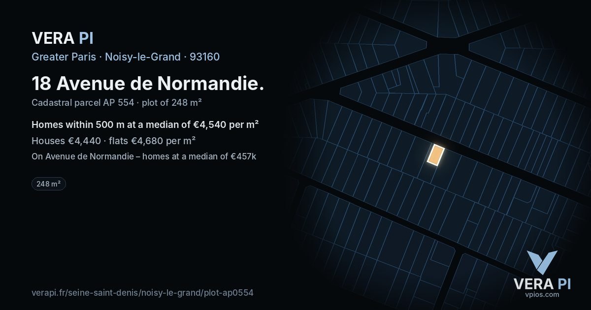18 Avenue de Normandie, Noisy-le-Grand at night – the plot lit, the parcels around coloured by the prices near them