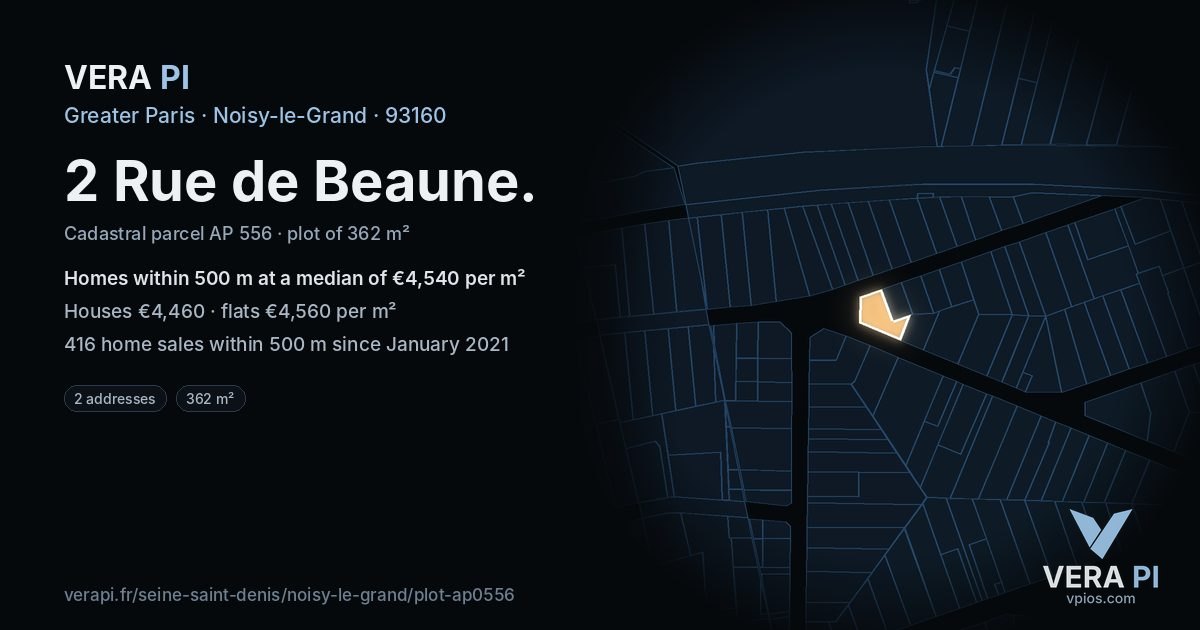 2 Rue de Beaune, Noisy-le-Grand at night – the plot lit, the parcels around coloured by the prices near them