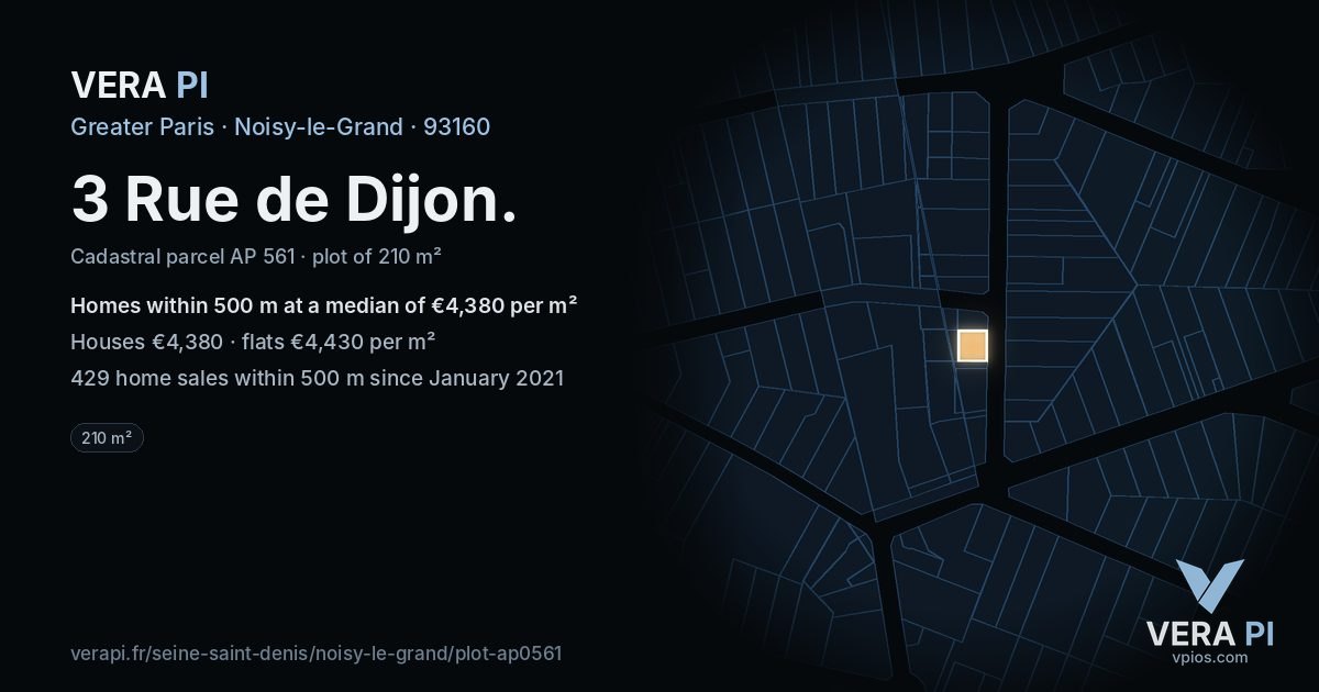 3 Rue de Dijon, Noisy-le-Grand at night – the plot lit, the parcels around coloured by the prices near them