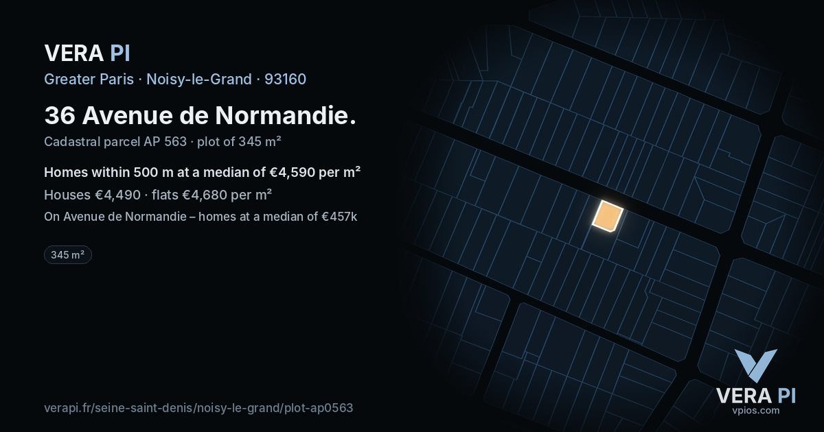 36 Avenue de Normandie, Noisy-le-Grand at night – the plot lit, the parcels around coloured by the prices near them