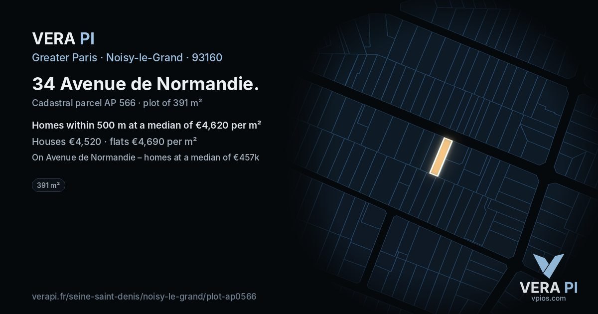34 Avenue de Normandie, Noisy-le-Grand at night – the plot lit, the parcels around coloured by the prices near them