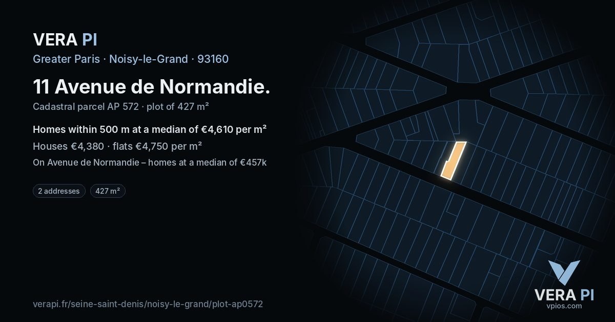 11 Avenue de Normandie, Noisy-le-Grand at night – the plot lit, the parcels around coloured by the prices near them