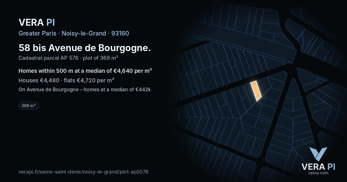 58 bis Avenue de Bourgogne, Noisy-le-Grand at night – the plot lit, the parcels around coloured by the prices near them