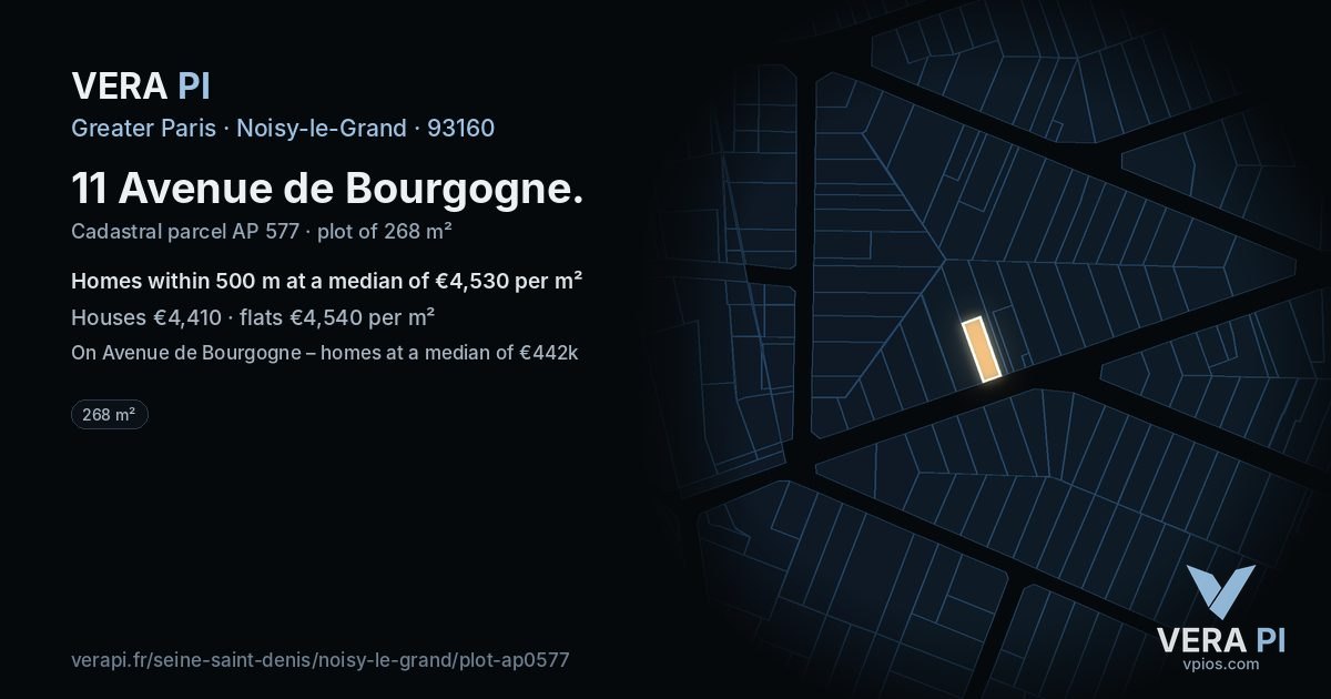 11 Avenue de Bourgogne, Noisy-le-Grand at night – the plot lit, the parcels around coloured by the prices near them
