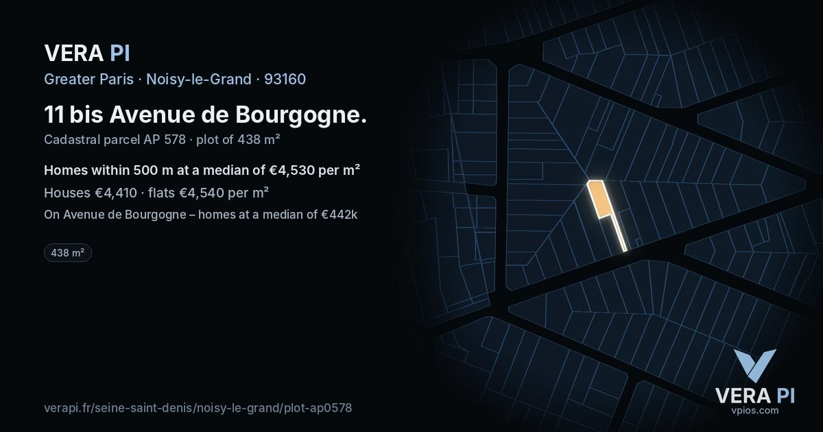 11 bis Avenue de Bourgogne, Noisy-le-Grand at night – the plot lit, the parcels around coloured by the prices near them