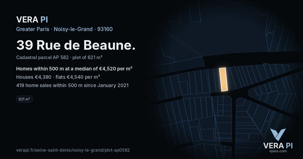 39 Rue de Beaune, Noisy-le-Grand at night – the plot lit, the parcels around coloured by the prices near them