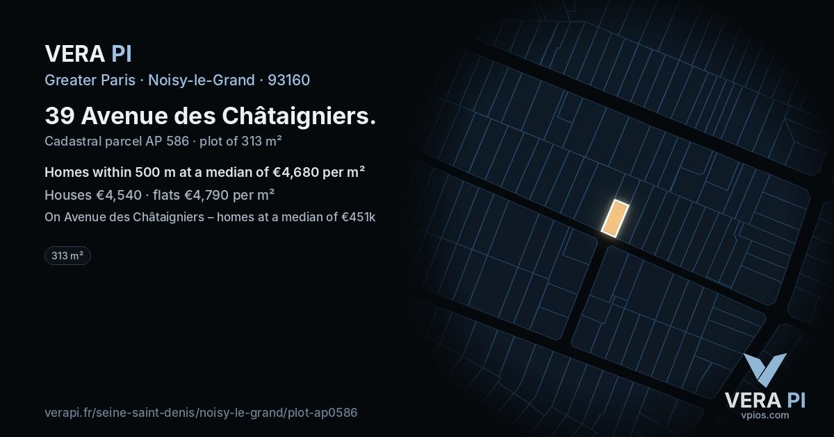 39 Avenue des Châtaigniers, Noisy-le-Grand at night – the plot lit, the parcels around coloured by the prices near them