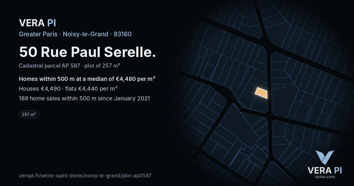 50 Rue Paul Serelle, Noisy-le-Grand at night – the plot lit, the parcels around coloured by the prices near them