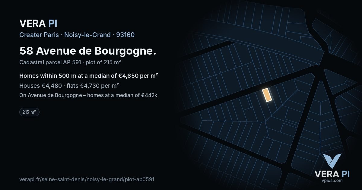 58 Avenue de Bourgogne, Noisy-le-Grand at night – the plot lit, the parcels around coloured by the prices near them